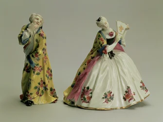 Paar Figuren: Mann in orientalischem Gewand und Dame mit Fächer, Meissen, 1736
